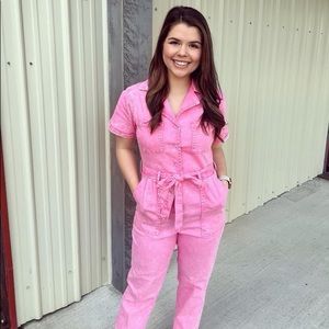 Denim jumpsuit, button down detail, detachable belt